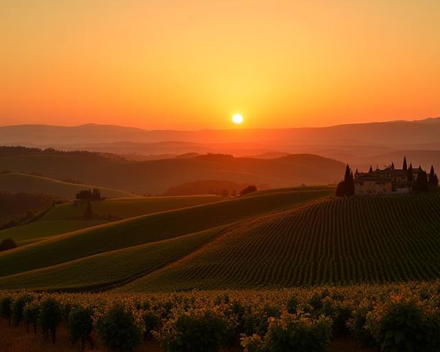 Atardecer en los viñedos del Chianti en Toscana
